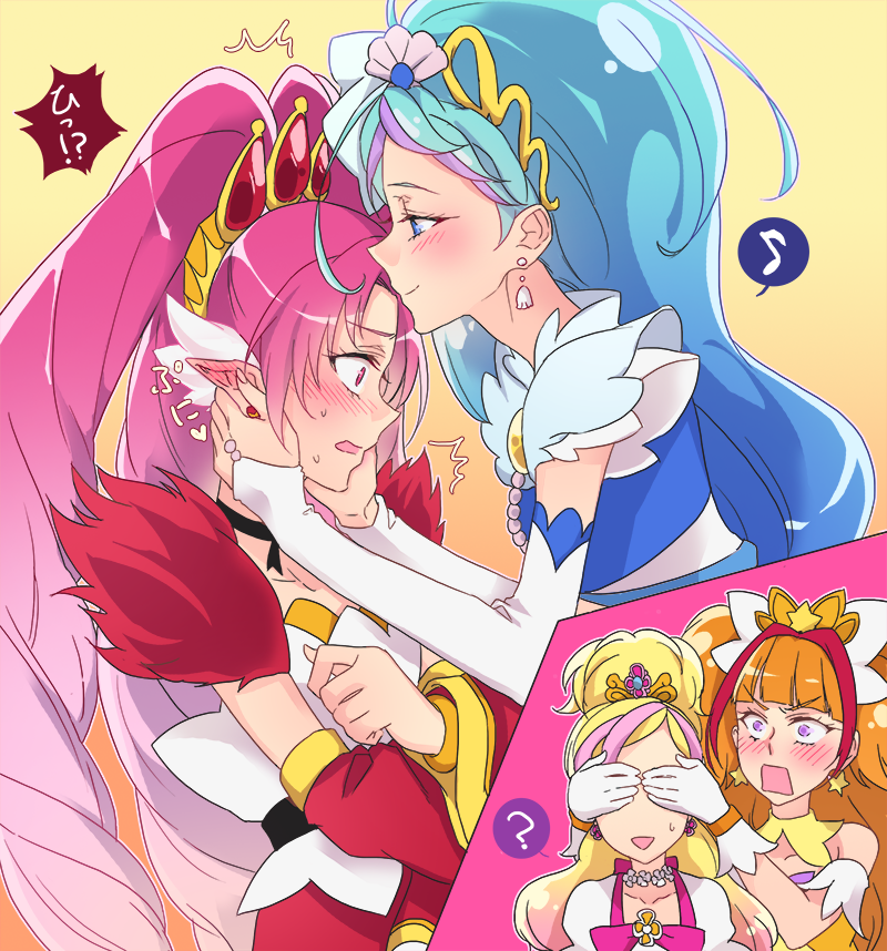 4girls, ?, akagi_towa, amanogawa_kirara, blonde_hair, blue_eyes, blue_hair, blush