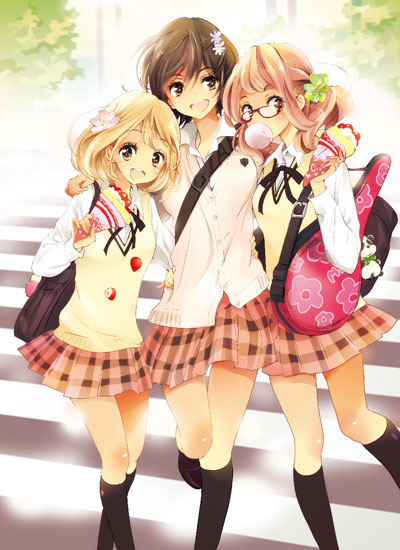 3girls, bag, bag_charm, black_legwear, blonde_hair, brown_hair, bubblegum, cardigan