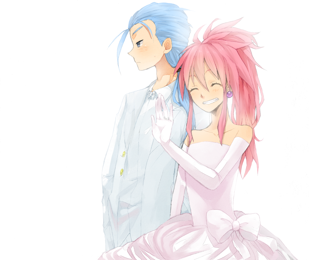 1boy, 1girl, arche_klein, blue_eyes, blue_hair, blush, chester_barklight, couple