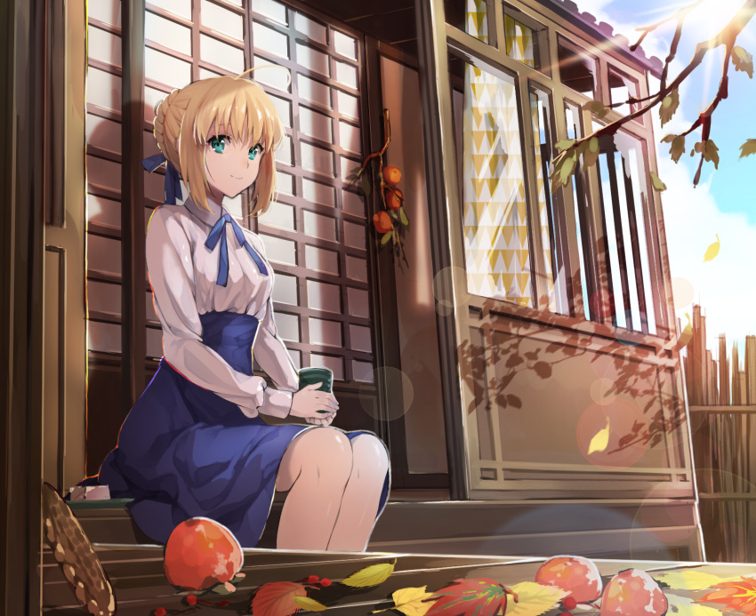 1girl, ahoge, autumn_leaves, blonde_hair, blush, cup, fate/stay_night, fate_(series), food, fruit, green_eyes, hair_ribbon, highres, ice_(ice_aptx), japanese_house, looking_at_viewer, ribbon, saber, sitting, skirt, solo, teacup