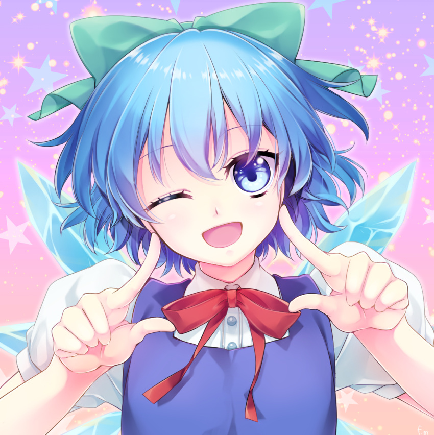 1girl, ;d, blue_eyes, blue_hair, blush, cirno, gradient, gradient_background