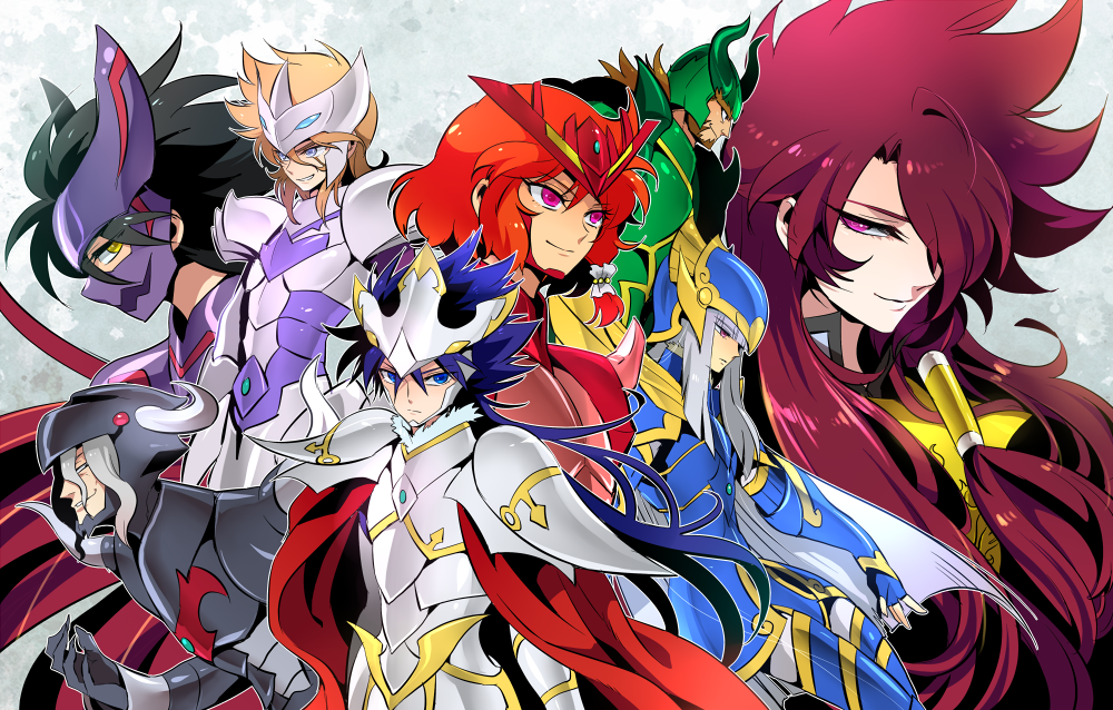 6+boys, andreas_lise, armor, blue_eyes, brown_hair, cape, eikthyrnir_surt, garmr_utgardar