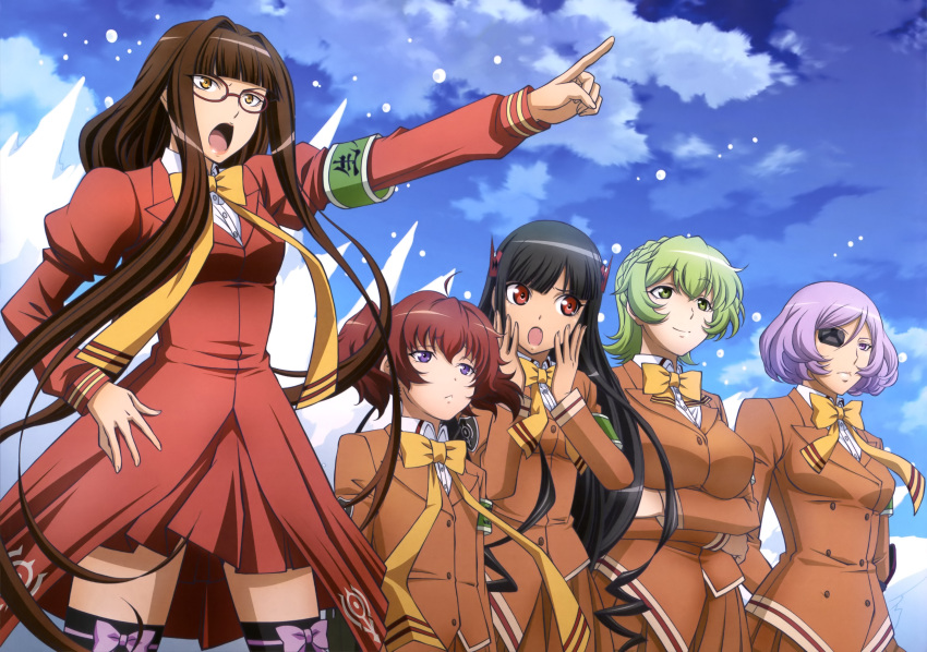 5girls, absurdres, aoki_hagane_no_arpeggio, ashigara_(aoki_hagane_no_arpeggio), black_hair, black_legwear, brown_hair, clouds
