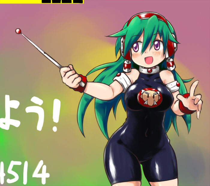 1girl, charu_(saru_getchu), green_hair, n36hoko, saru_getchu, skin_tight, violet_eyes
