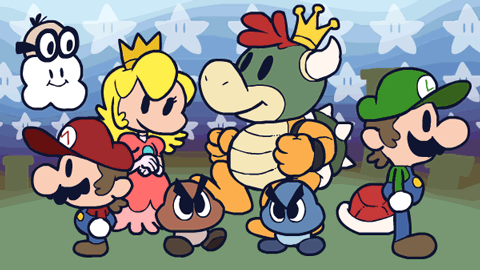 animated, animated_gif, black_eyes, blinking, bowser, crown, dancing, goomba