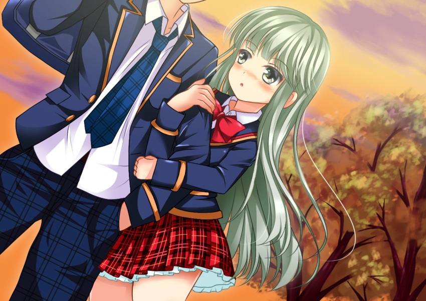 1boy, 1girl, girlfriend_(kari), green_eyes, green_hair, head_out_of_frame, masaoka_mai, necktie, plaid, plaid_skirt, pleated_skirt, school_uniform, skirt, sunset, tagme, tomaton
