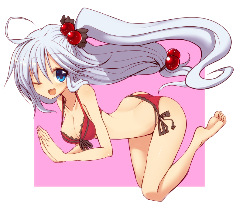 1girl, ahoge, back, barefoot, bikini, bikini_top, blue_eyes, blush