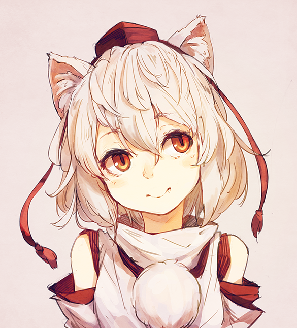 1girl, albino, amoranorem, animal_ears, blush, detached_sleeves, fang, hat