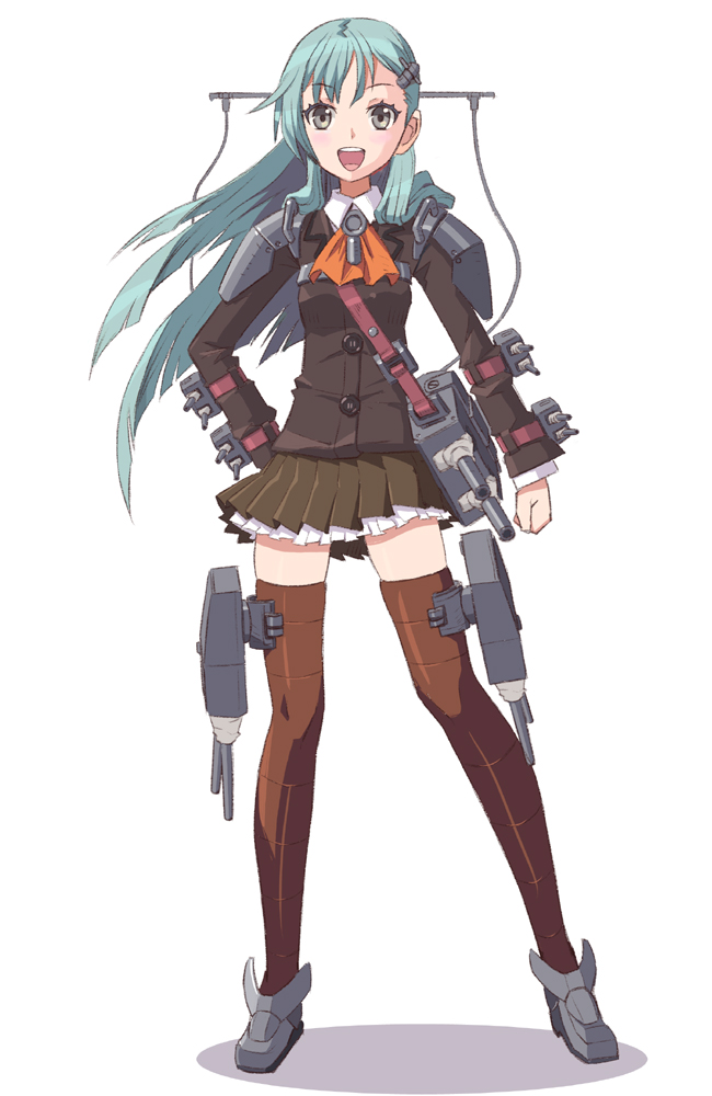 1girl, aa_gun, aqua_eyes, aqua_hair, ascot, breasts, cannon, full_body