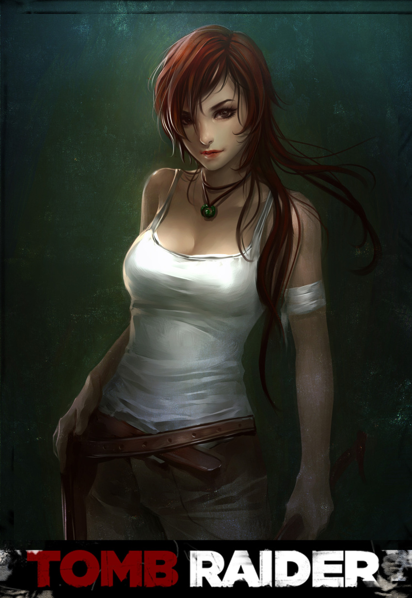 1girl, bandaged_arm, belt, breasts, brown_eyes, brown_hair, cleavage, highres, jewelry, lara_croft, long_hair, necklace, orry, pixiv_tomb_raider_contest, solo, standing, tank_top, tomb_raider
