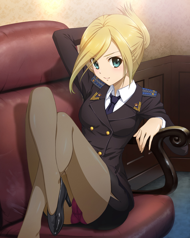 1girl, aocchi, bench, blonde_hair, blue_eyes, commentary_request, female, high_heels