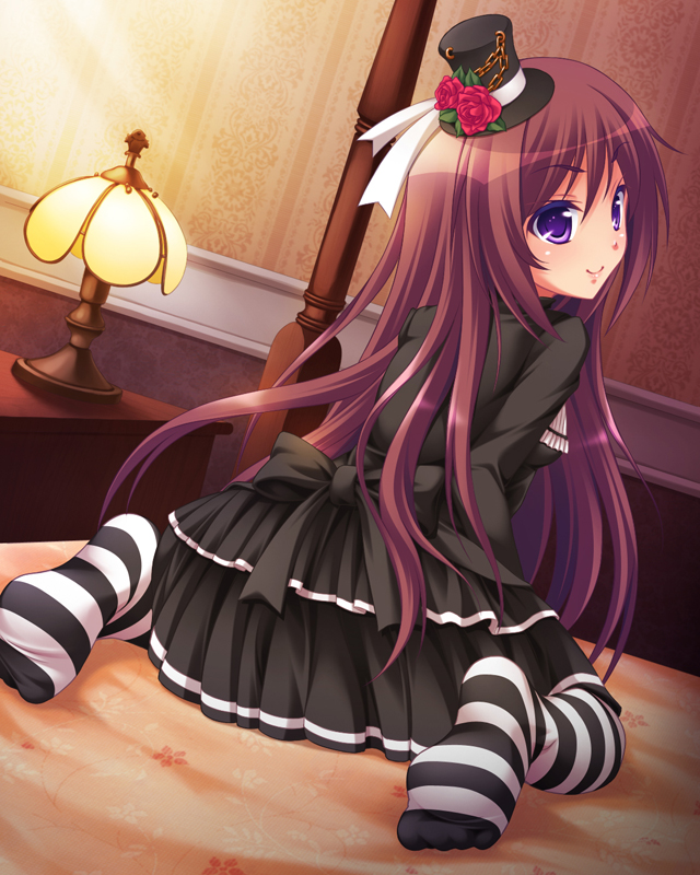 aocchi, black_dress, black_legwear, bow, brown_hair, dress, dutch_angle, feet