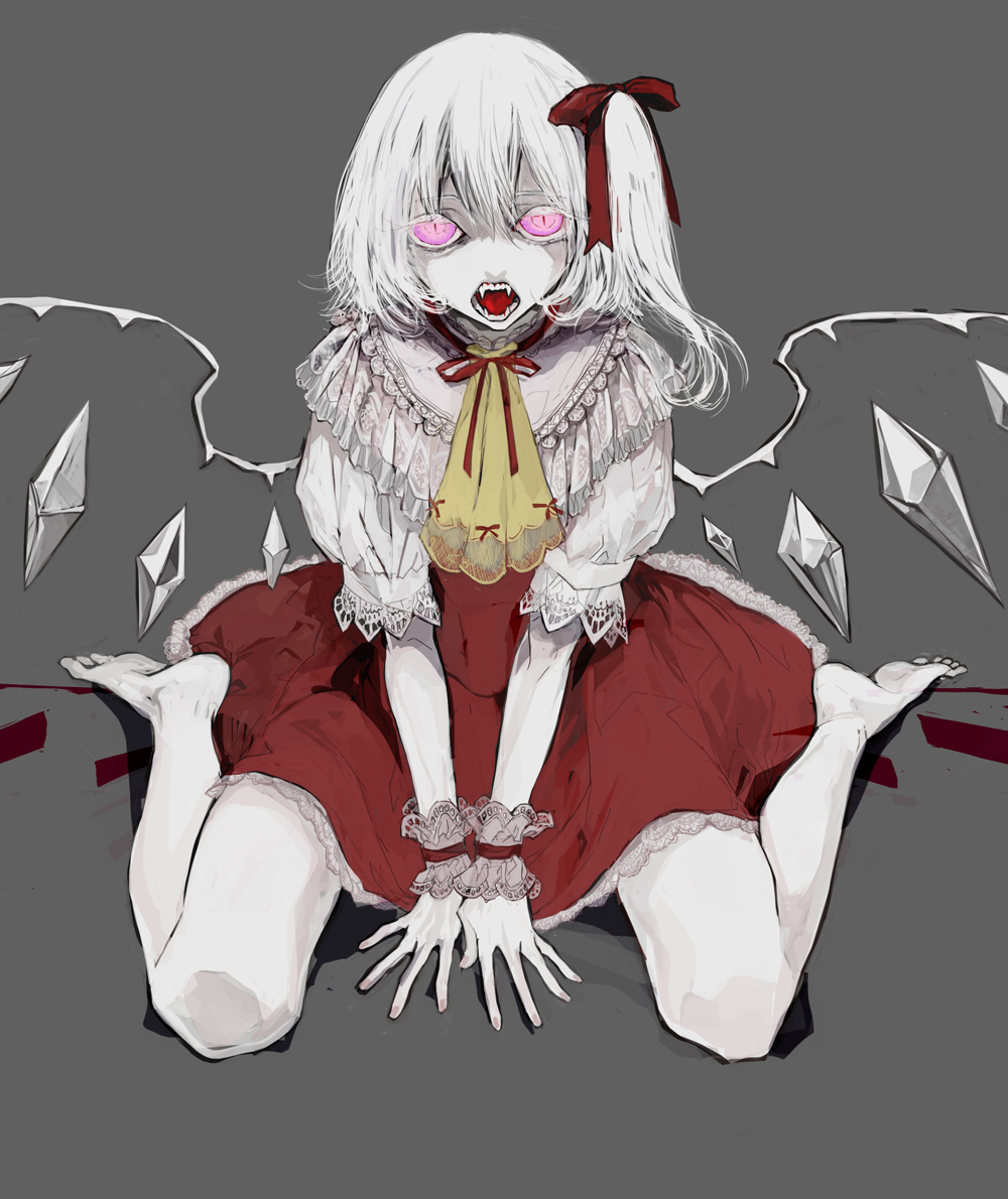 1girl, albino, alternate_hair_color, ascot, barefoot, colored_eyelashes, crystal, fangs