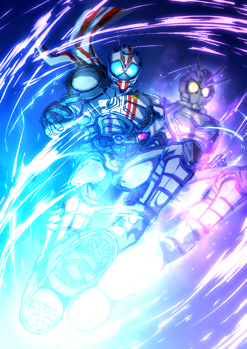 2boys, antennae, armor, belt, blue_eyes, fusion, ghost, glowing