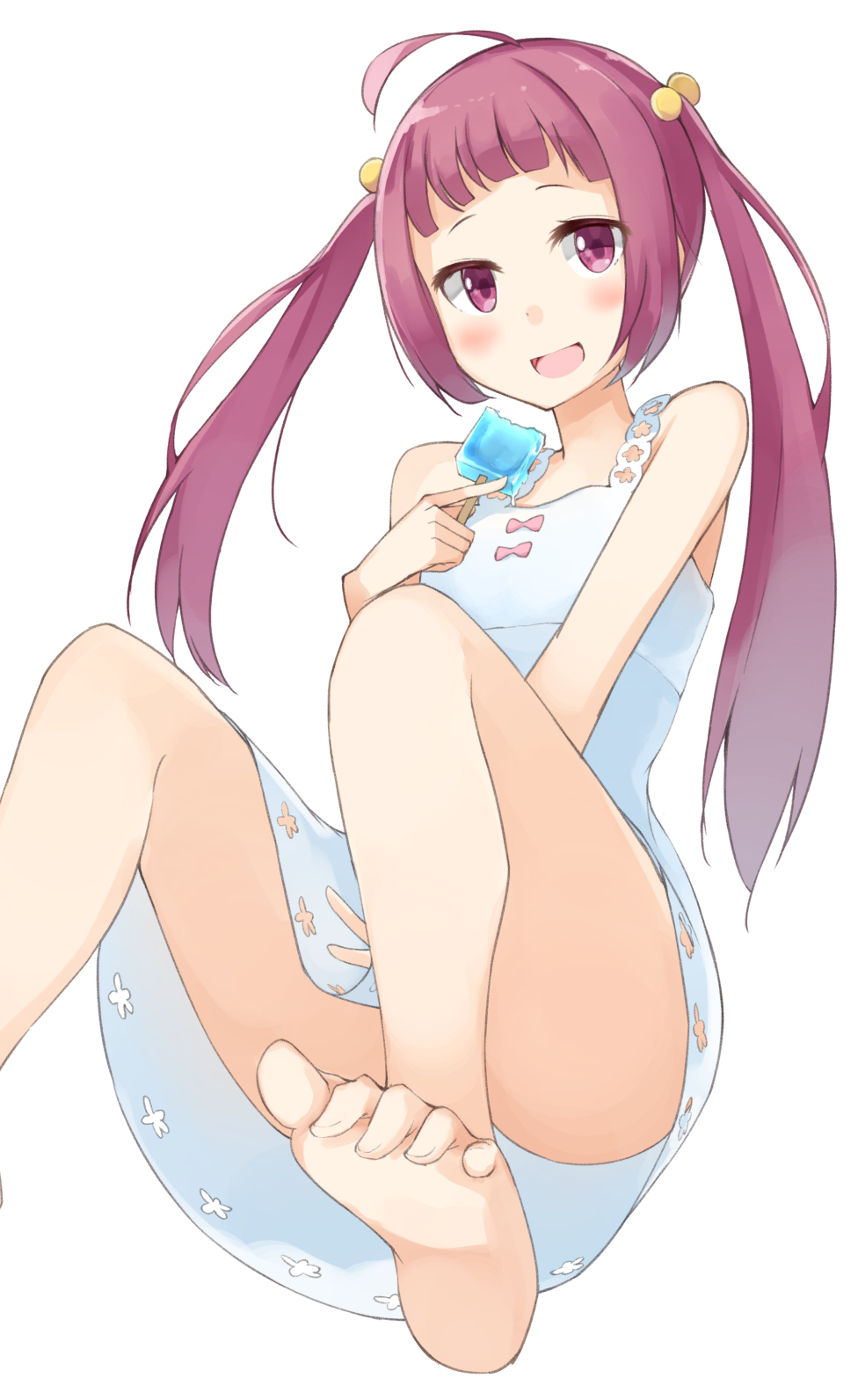 1girl, ahoge, bangs, bare_shoulders, barefoot, blunt_bangs, blush, flat_chest