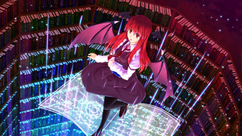 1girl, :o, bat_wings, bookshelf, commentary_request, demon_girl, dress, dress_shirt