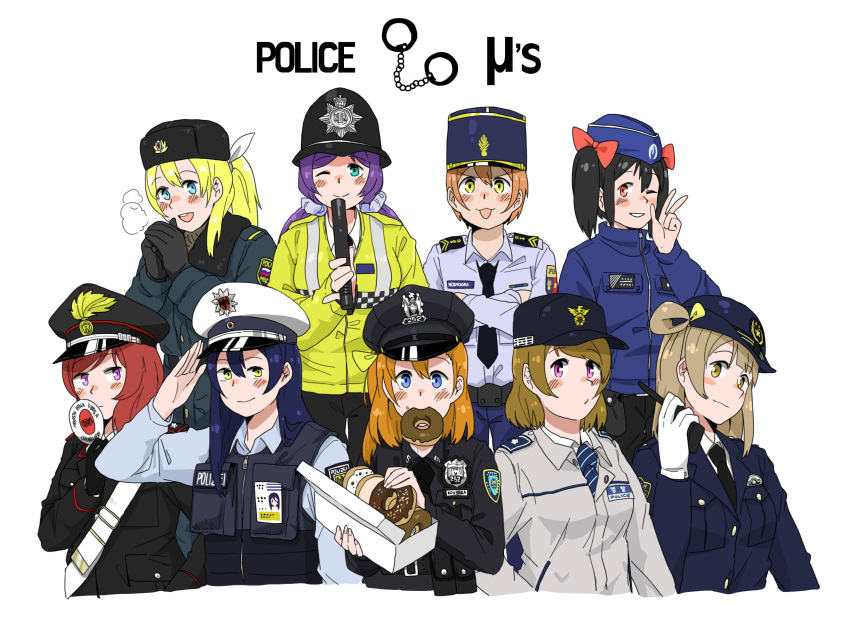 6+girls, anyan_(jooho), ayase_eli, carabinieri, doughnut, food, highres, hoshizora_rin