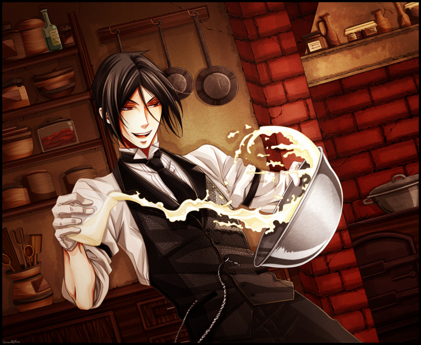 1boy, armband, batter, black_border, black_hair, border, bottle, bowl, brown_eyes, butler, derivative_work, drawer, dutch_angle, frying_pan, gloves, highres, jar, kuroshitsuji, male_focus, necktie, open_mouth, pot, sebastian_michaelis, signature, sleeves_rolled_up, smile, solo, splashing, upper_body, vermeillerose, vest, white_gloves