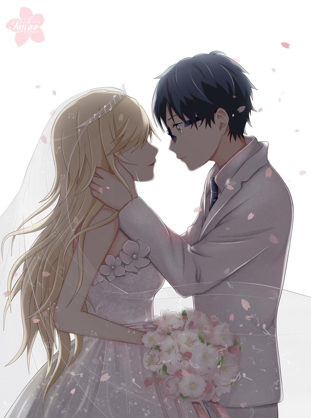 1boy, 1girl, arima_kousei, black_hair, blonde_hair, bouquet, bridal_veil, bride