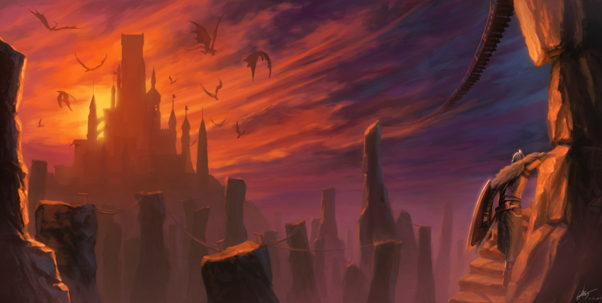 1boy, armor, bridge, castle, dark_souls_2, dated, dragon, flag