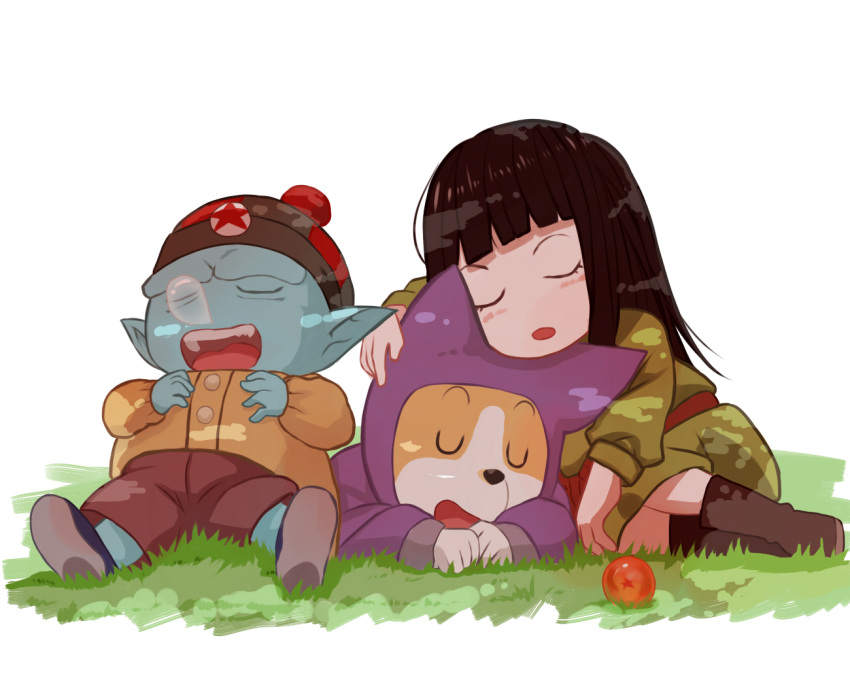 age_regression, bangs, black_hair, blue_skin, boots, child, dog, dragon_ball