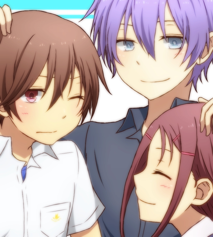 1girl, 2boys, black_hair, brother_and_sister, brothers, brown_hair, charlotte_(anime), closed_eyes