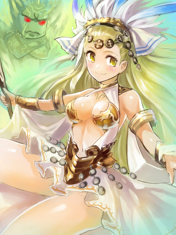1girl, armlet, blonde_hair, breasts, circlet, cleavage, dress, edobox
