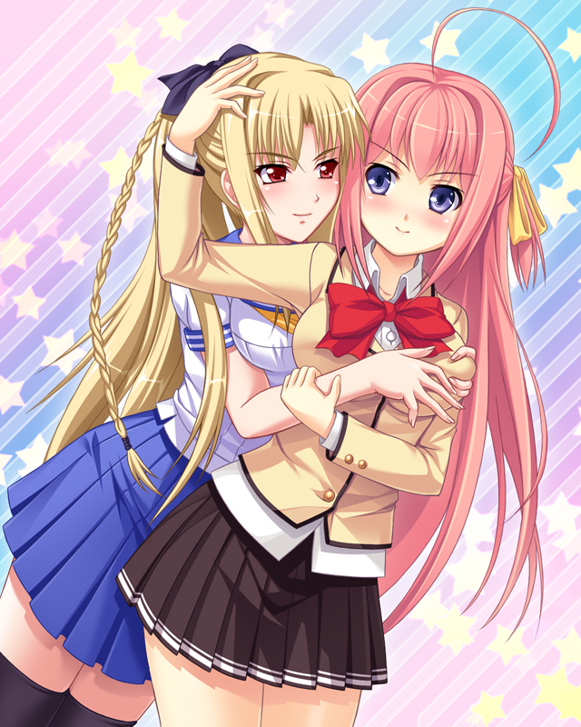 2girls, ahoge, aocchi, black_skirt, blonde_hair, blue_skirt, bow, braid