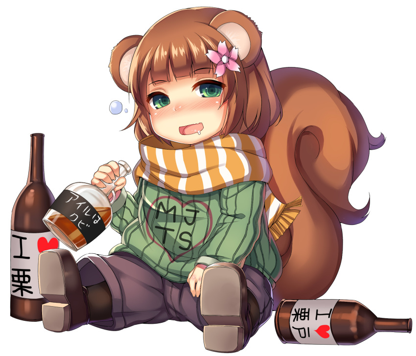 1girl, alcohol, animal_ears, bangs, boots, bottle, brown_hair, flower