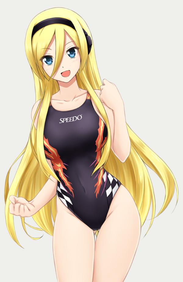 1girl, :d, blonde_hair, blue_eyes, clenched_hands, competition_swimsuit, covered_navel, female