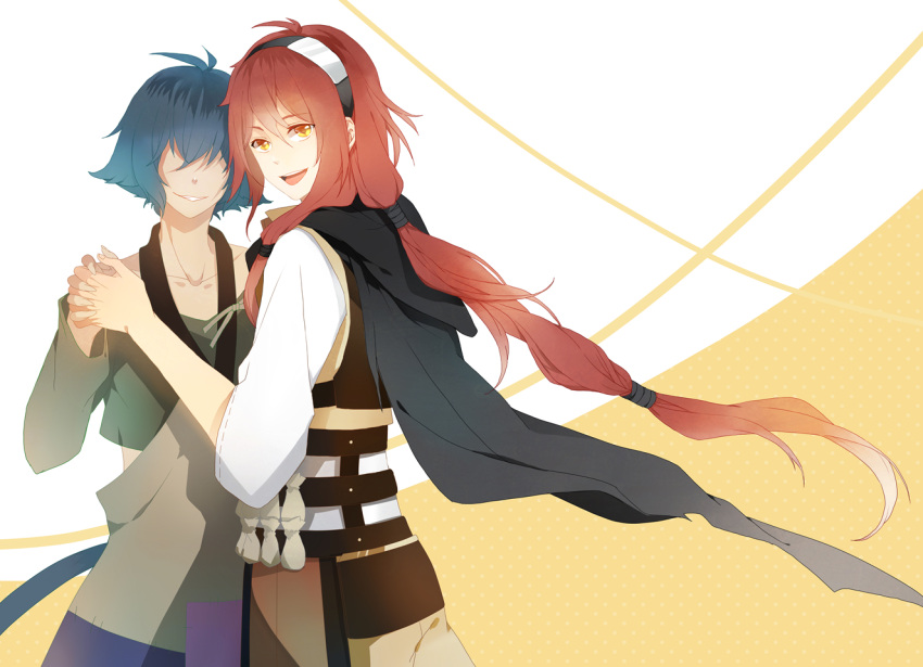 2boys, adlet_mayer, ahoge, black_cape, blue_hair, cape, covered_eyes, hair_over_eyes