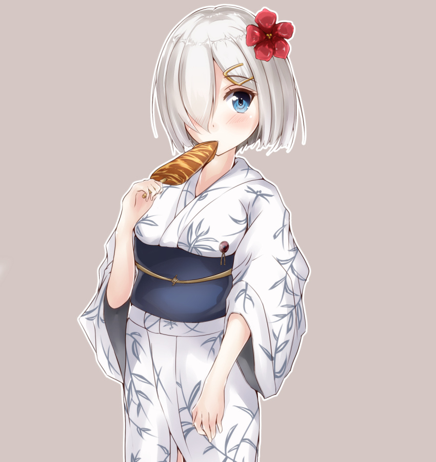 1girl, blue_eyes, blush, flower, food_in_mouth, hair_flower, hair_ornament, hair_over_one_eye