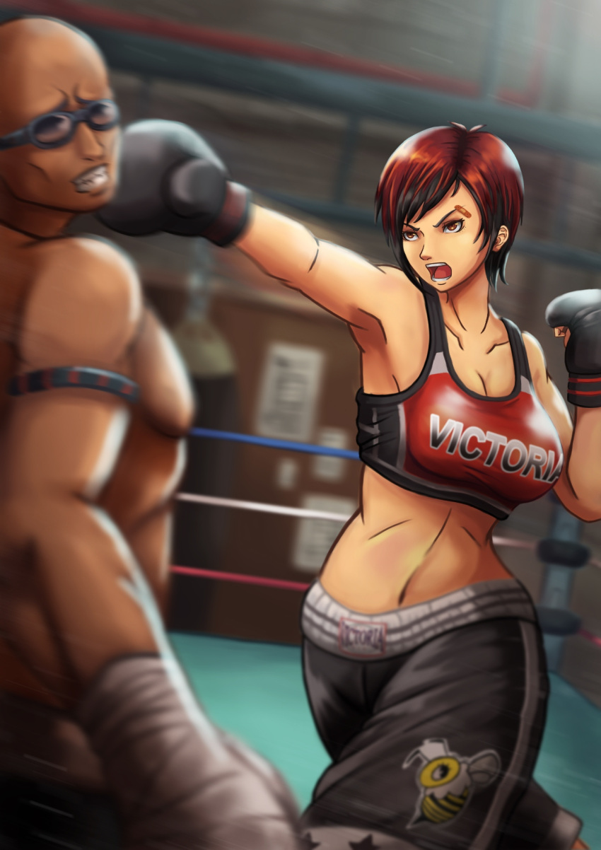 1boy, 1girl, bandaid, boxing_gloves, boxing_ring, breasts, cleavage, clothes_writing
