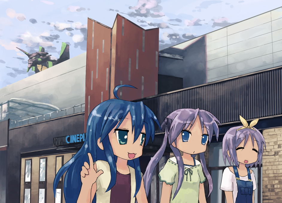 ahoge, blue_eyes, blue_hair, bow, building, casual, cinema, closed_eyes