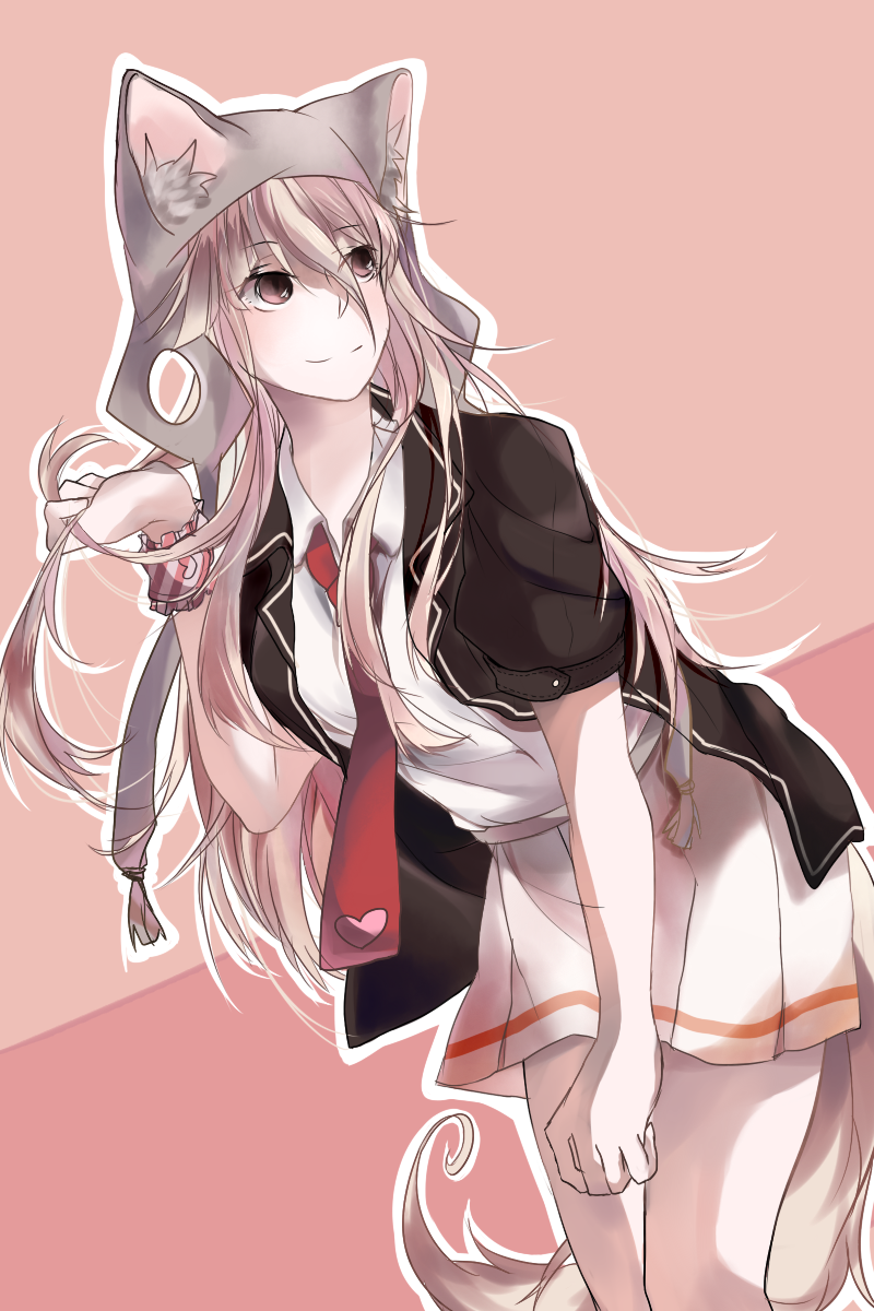 1girl, absurdly_long_hair, animal_hat, breasts, brown_hair, cat_hat, hat, heart, highres, long_hair, mikagura_gakuen_kumikyoku, necktie, nyamirin, pink_background, school_uniform, simple_background, skirt, smile, solo, very_long_hair