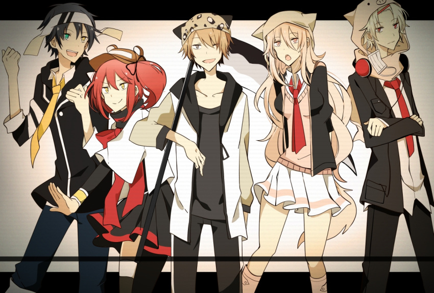 2girls, 3boys, :d, akama_yuto, animal_hat, aqua_eyes, black_hair, brown_eyes