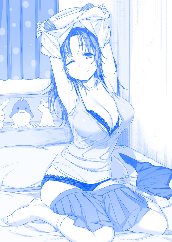 1girl, arms_up, bed_sheet, bra, breasts, cleavage, curtains, himura_kiseki, kneehighs, lace-trimmed_bra, lace-trimmed_panties, large_breasts, long_hair, messy_hair, monochrome, neckerchief_removed, on_bed, one_eye_closed, panties, pillow, school_uniform, serafuku, sitting, skirt, smile, solo, stuffed_animal, stuffed_penguin, stuffed_toy, tank_top, underwear, undressing, wariza