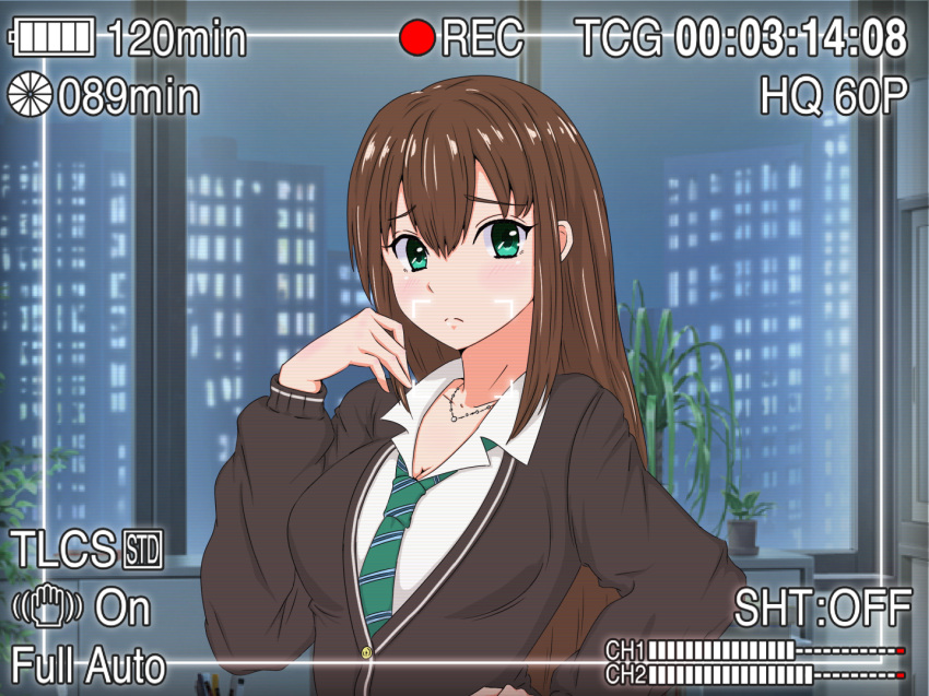 1girl, black_hair, blush, brown_hair, cardigan, couch, desk, female