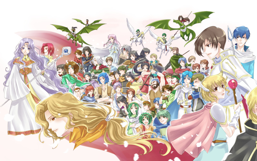6+boys, 6+girls, alva_(fire_emblem), blonde_hair, blue_hair, carrion_(fire_emblem), crossed_arms, cyas, dragon, everyone, fire_emblem, fire_emblem:_seisen_no_keifu, hair_between_eyes, hair_over_one_eye, highres, homer_(fire_emblem), kaboplus_ko, kain_(fire_emblem), karin_(fire_emblem), lara, long_hair, long_image, misha_(fire_emblem), multiple_boys, multiple_girls, pegasus, polearm, profile, purple_hair, red_eyes, riding, short_hair, spear, staff, tina_(fire_emblem), twintails, violet_eyes, weapon, xavier_(fire_emblem)