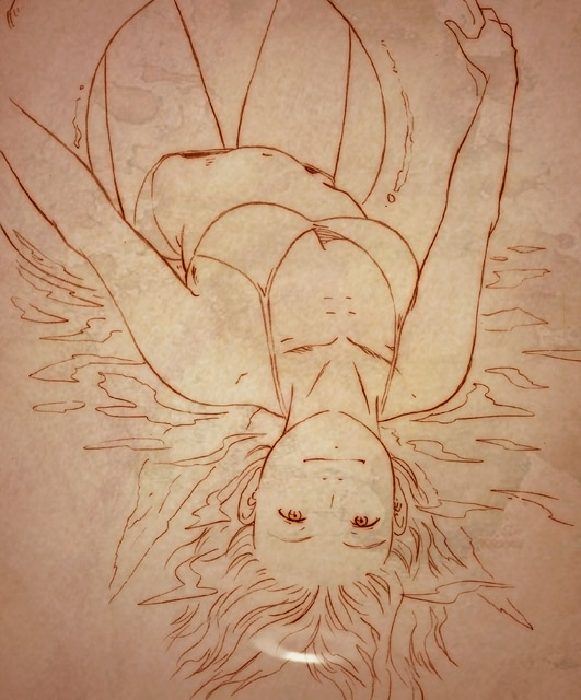 bare_shoulders, bikini, brown, haibane_renmei, halo, innertube, midriff, monochrome, nemu, r_kampfgruppe, swimsuit, upside-down, water, wet, wings