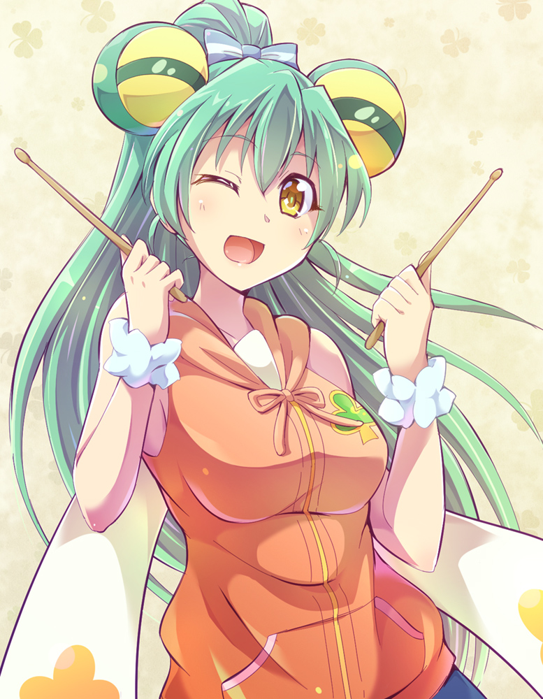 1girl, ;d, e20, green_hair, jacqueline_(show_by_rock!!), long_hair, one_eye_closed, open_mouth