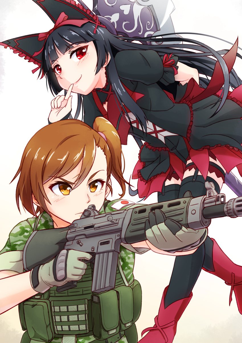 absurdres, assault_rifle, bulletproof_vest, commentary, gate_-_jieitai_ka_no_chi_nite_kaku_tatakaeri, gothic_lolita, gun, halberd