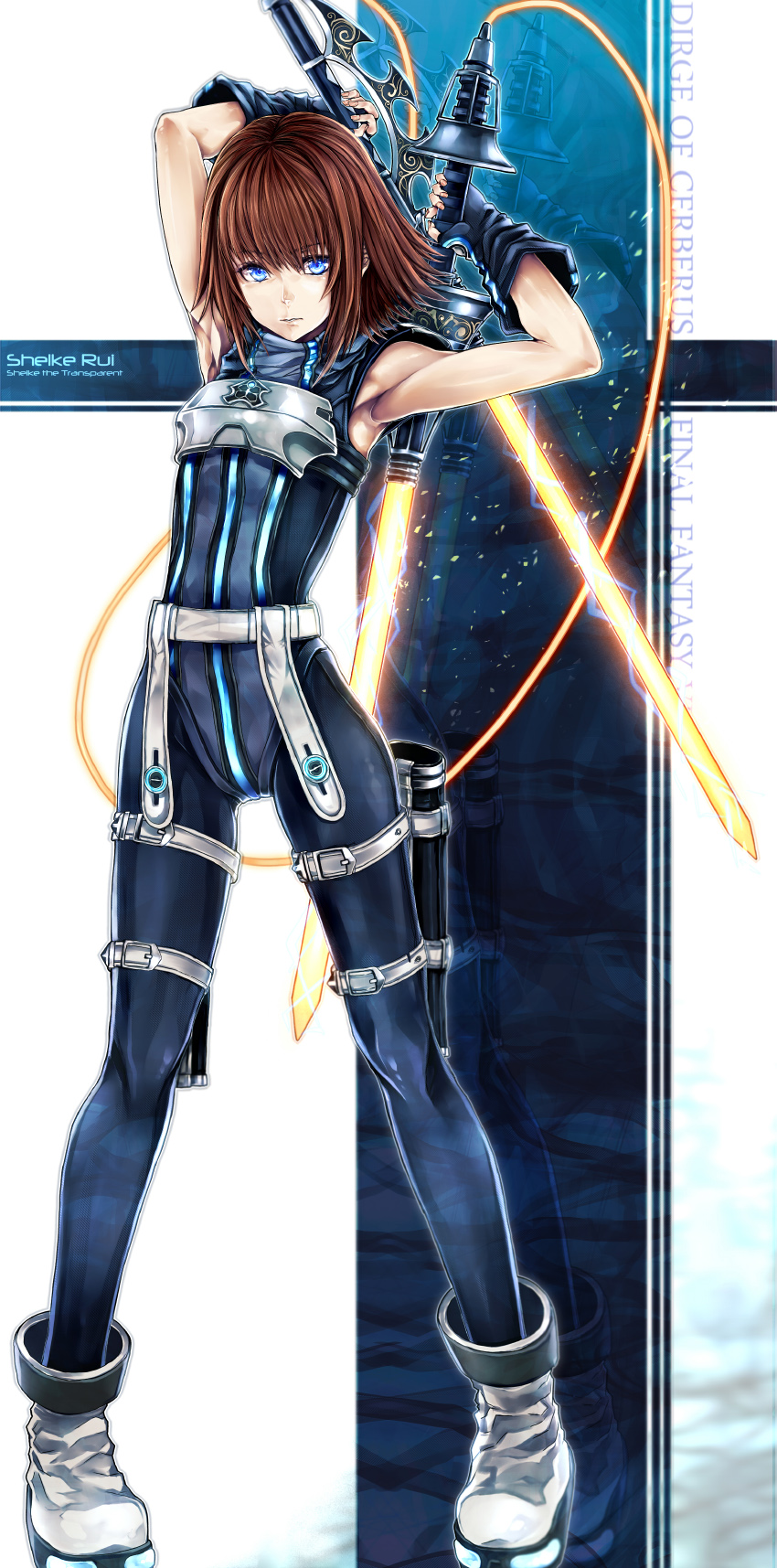 1girl, armor, armpits, arms_behind_head, arms_up, asuke_yuki, belt, blue_eyes