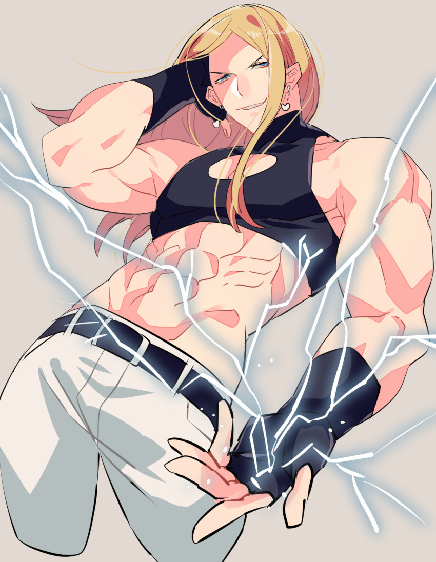 1boy, abs, bare_shoulders, blonde_hair, blue_eyes, cleavage_cutout, crop_top, cropped_legs