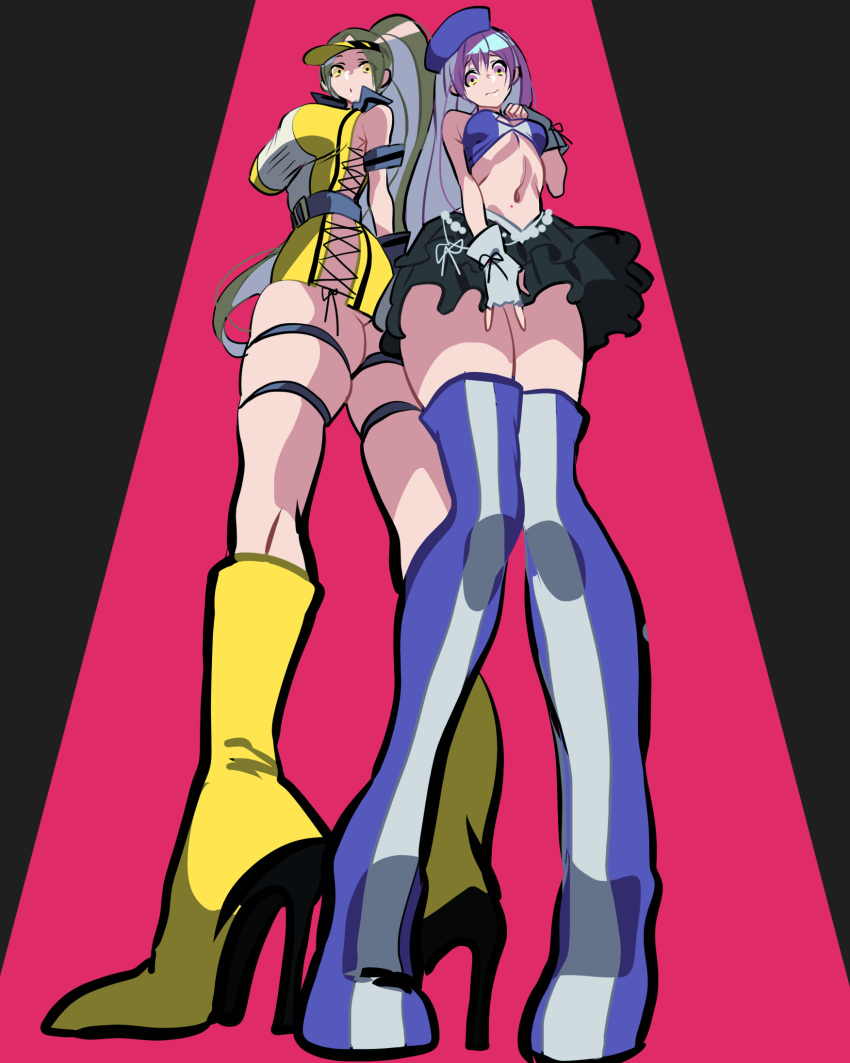 2girls, \m/, alternate_costume, asamiya_athena, back-to-back, blue_boots, boots, breasts, brown_eyes, brown_hair, dress, fingerless_gloves, gloves, high_heel_boots, high_heels, highres, hohehohe, idol, king_of_fighters, knee_boots, large_breasts, long_hair, midriff, multiple_girls, navel, ponytail, purple_hair, shiranui_mai, short_dress, side-tie_costume, skindentation, skirt, taut_clothes, thigh-highs, thigh_boots, thigh_strap, very_long_hair, violet_eyes, yellow_boots