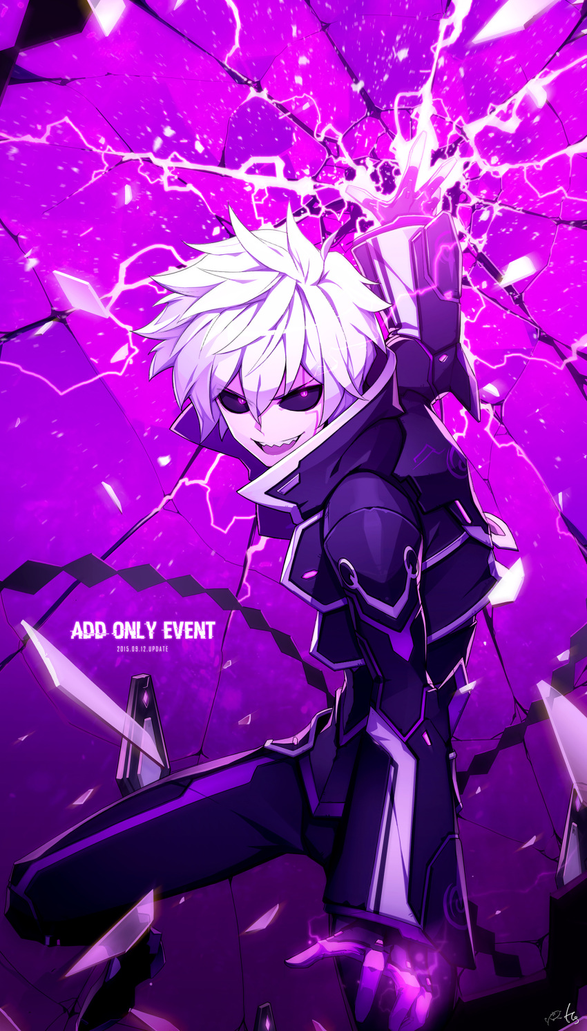 1boy, 2015, absurdres, add_(elsword), black_sclera, bodysuit, character_name, cropped_jacket