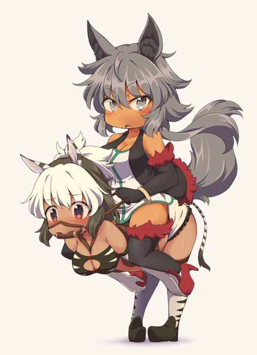 2girls, animal_ears, chibi, elbow_gloves, gloves, grey_eyes, grey_hair, haimiya_eren