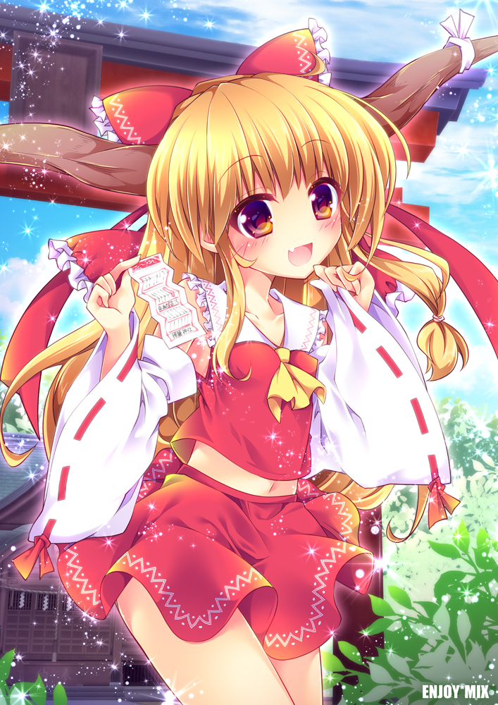 1girl, ascot, blonde_hair, blue_sky, bow, clouds, detached_collar, enjoy_mix