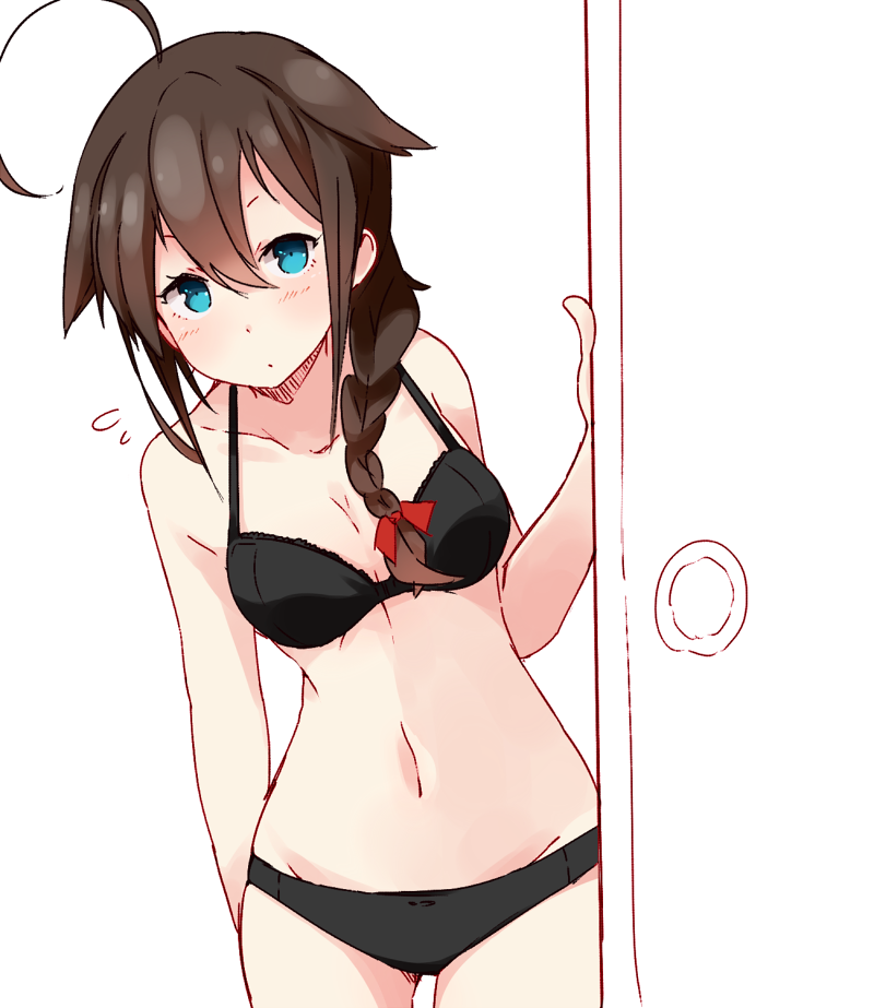 1girl, ahoge, bra, braid, hair_ribbon, kantai_collection, long_hair, makiya_1919