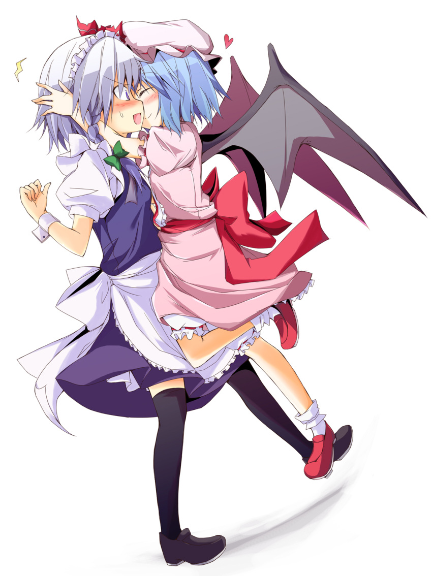 bat_wings, blue_eyes, blue_hair, blush, braid, demon_girl, hat, highres